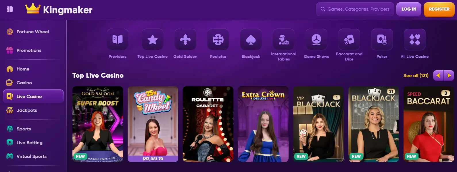 Current Kingmaker live casino or blackjack lobby