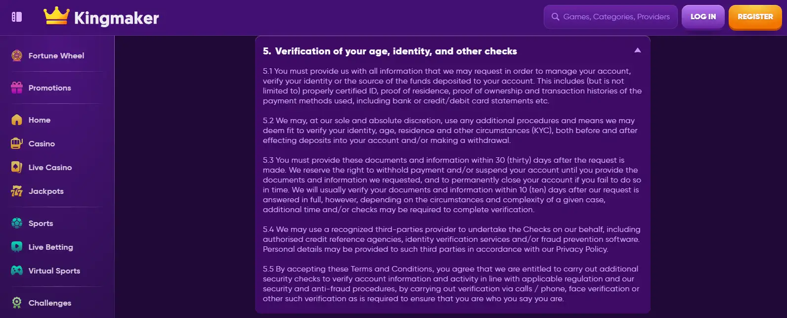 Kingmaker terms covering identity verification and KYC timing