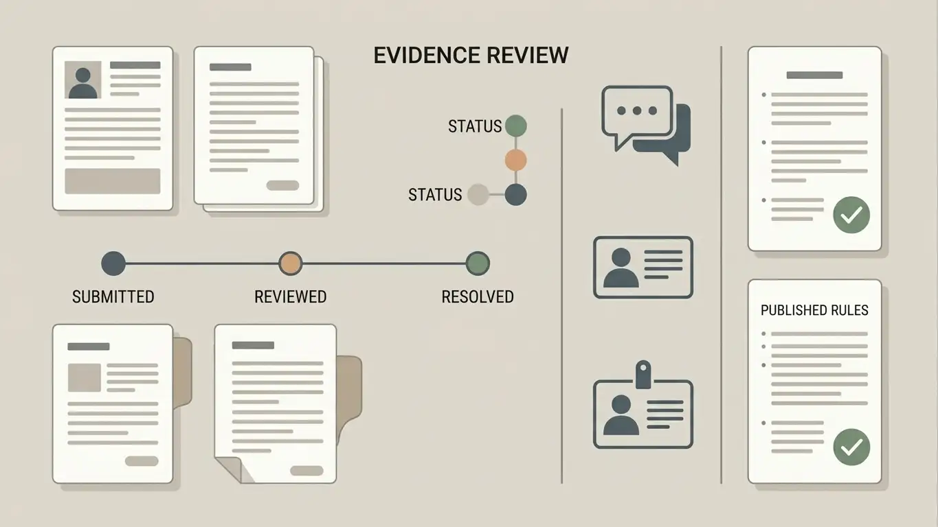 Editorial illustration of complaint timelines, resolution markers, support messages and document checks