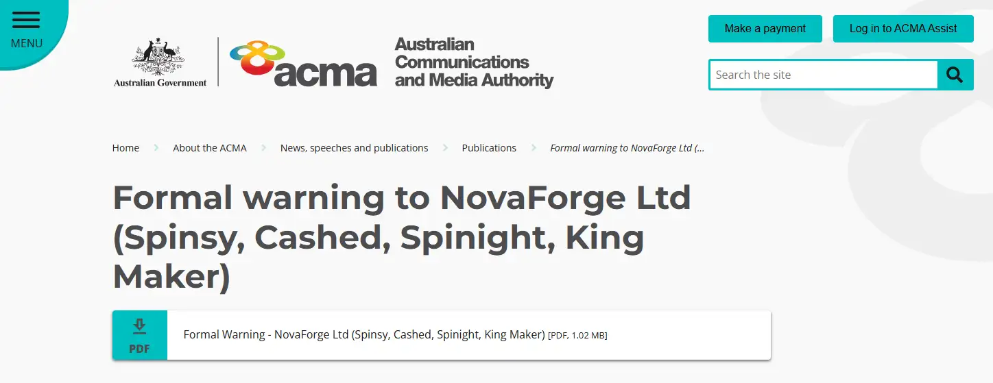 Official ACMA record concerning King Maker and Australian interactive gambling rules