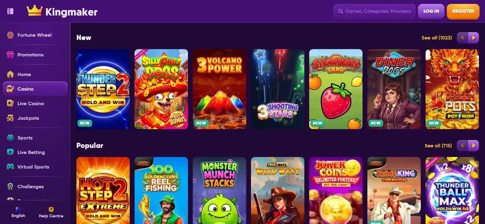 Current Kingmaker AU games lobby and casino categories