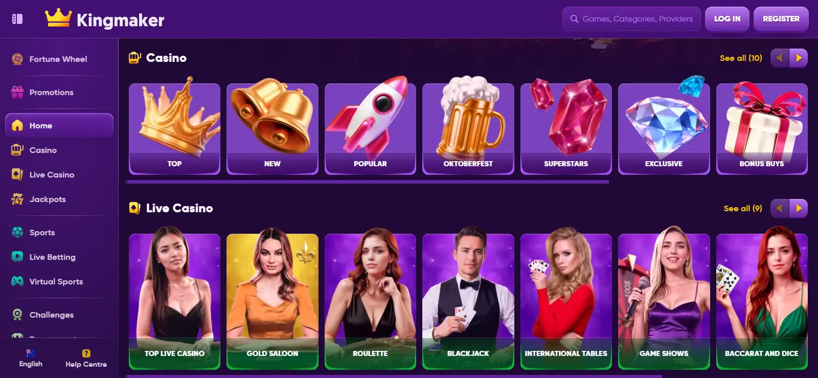 Current Kingmaker AU games lobby and visible casino categories